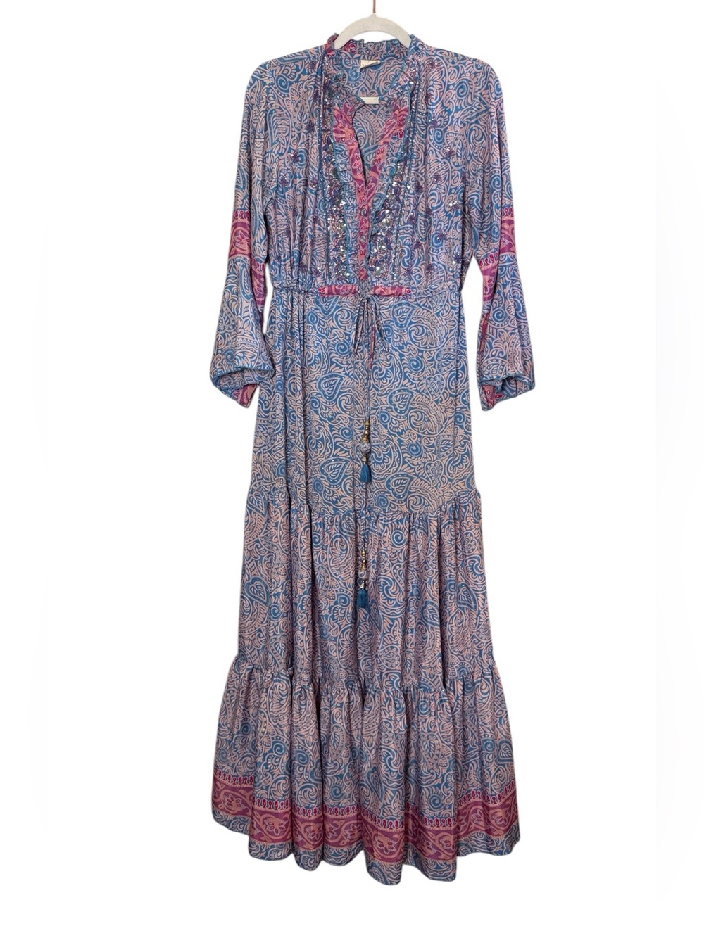 Boho Madrid Women’s Paisley Sequin Flowy Tiered Maxi Dress w/ Tassel Trim Sz L